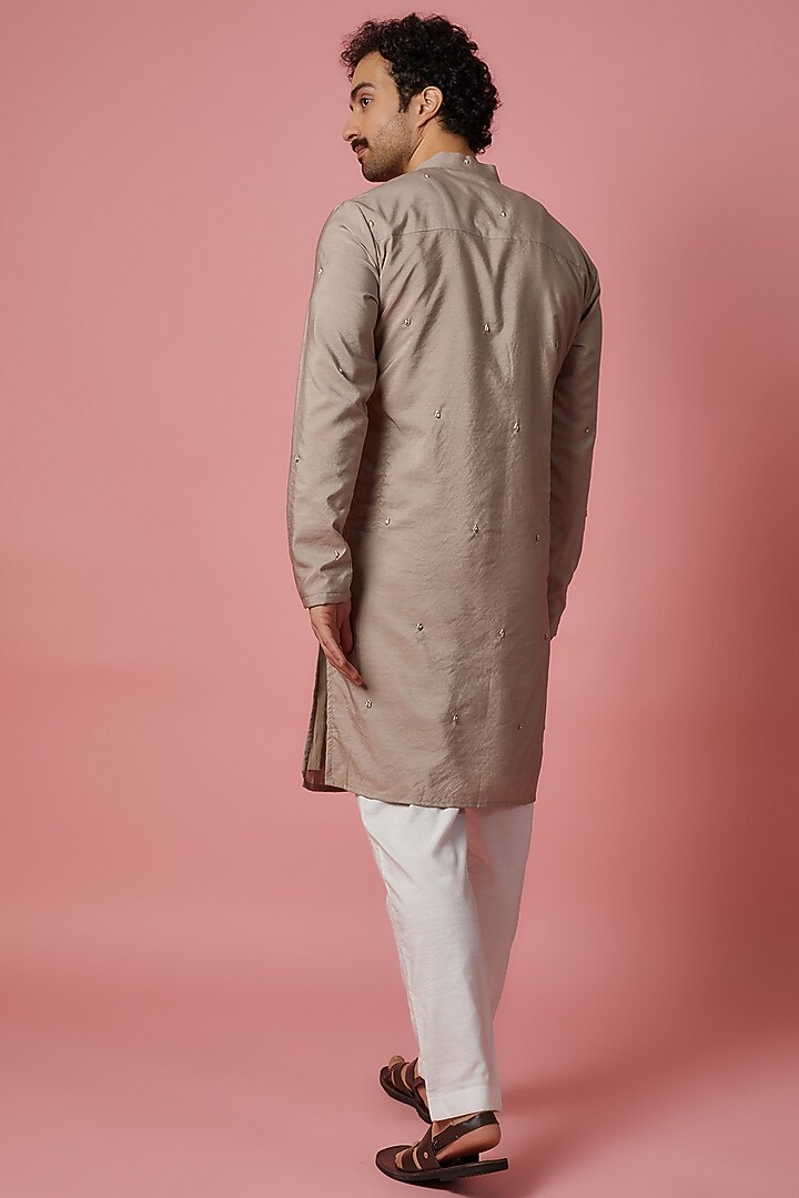 Mud Grey Cotton Silk Hand Embroidered Kurta Set by MR. SHAH LABEL at Pernia's Pop Up Shop