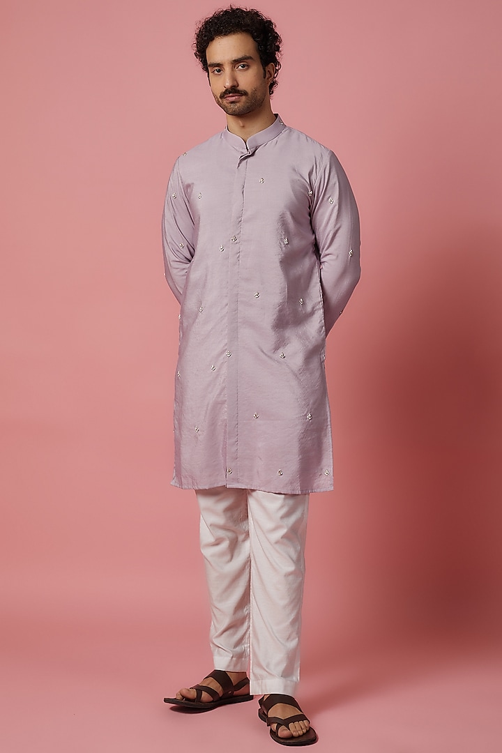 Lilac Cotton Silk Hand Embroidered Kurta Set by MR. SHAH LABEL