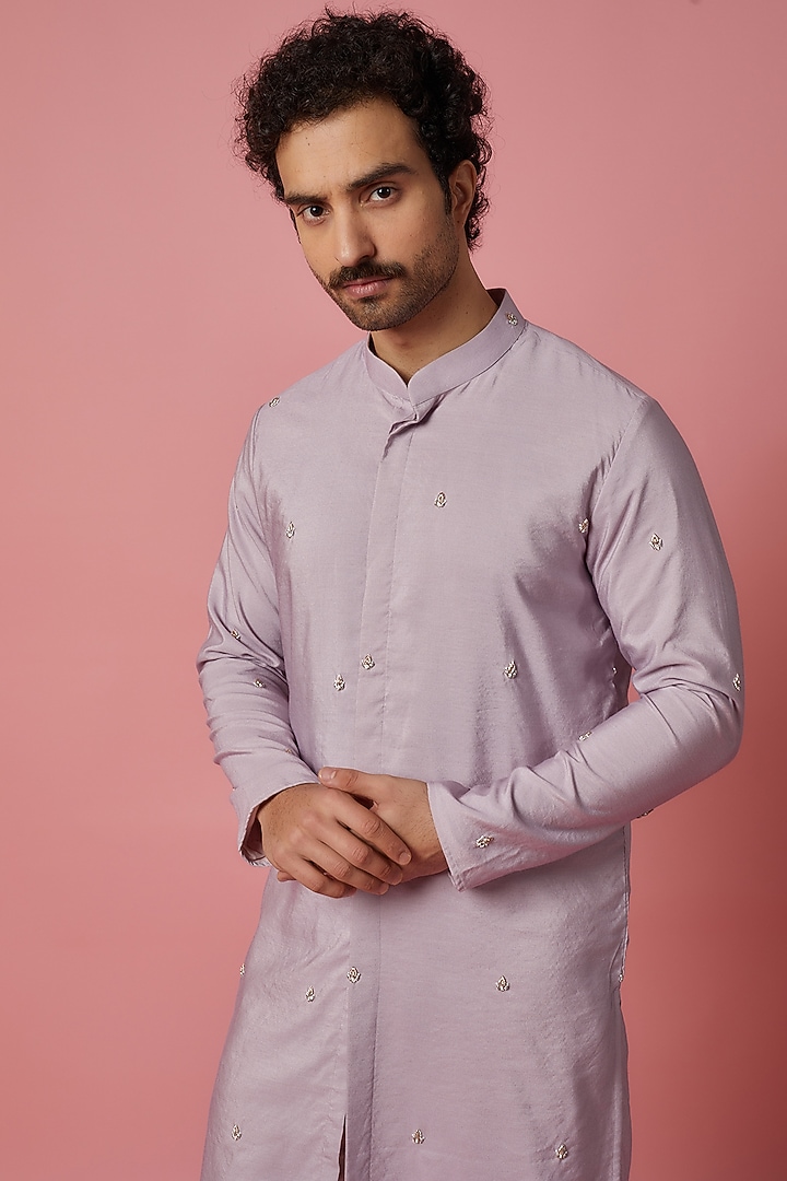 Lilac Cotton Silk Hand Embroidered Kurta Set by MR. SHAH LABEL at Pernia's Pop Up Shop