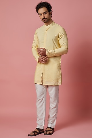 Lemon Grey Cotton Silk Hand Embroidered Kurta Set by MR. SHAH LABEL