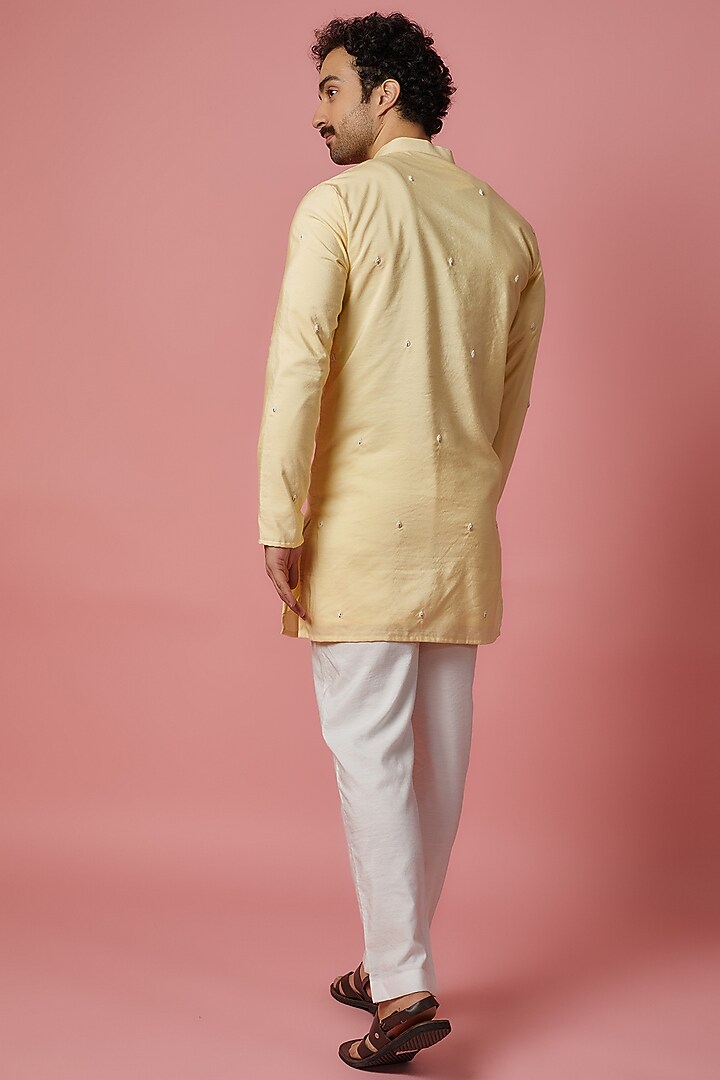 Lemon Grey Cotton Silk Hand Embroidered Kurta Set by MR. SHAH LABEL at Pernia's Pop Up Shop