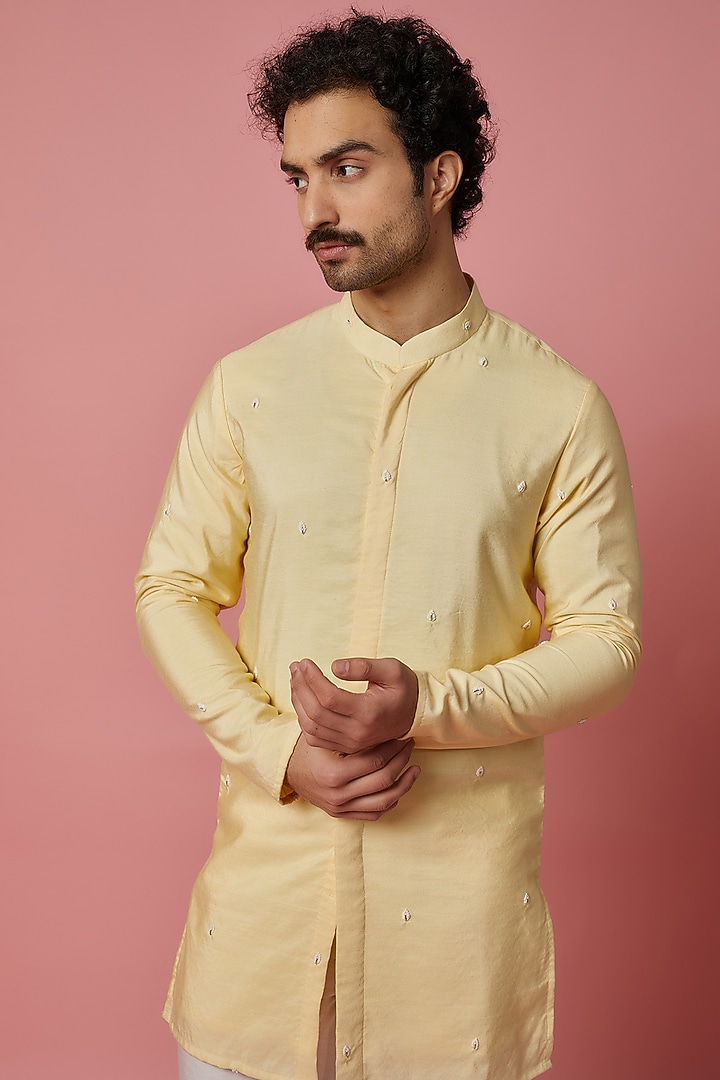 Lemon Grey Cotton Silk Hand Embroidered Kurta Set by MR. SHAH LABEL at Pernia's Pop Up Shop