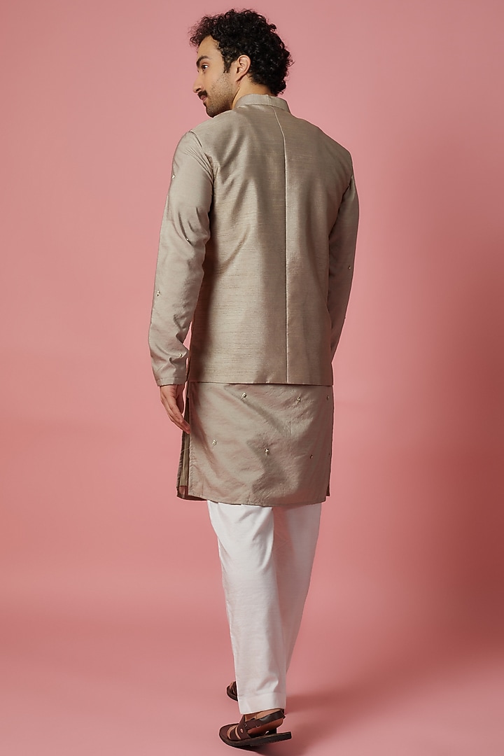 Mud Grey Cotton Silk & Raw Silk Hand Embroidered Bundi Jacket Set by MR. SHAH LABEL at Pernia's Pop Up Shop