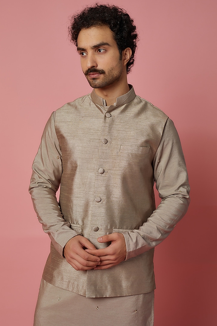 Mud Grey Cotton Silk & Raw Silk Hand Embroidered Bundi Jacket Set by MR. SHAH LABEL at Pernia's Pop Up Shop