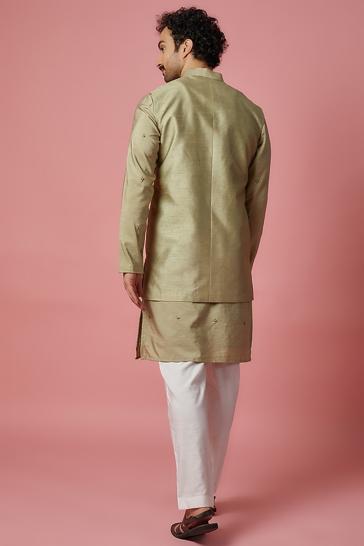 Metallic Light Green Cotton Silk & Raw Silk Hand Embroidered Bundi Jacket Set by MR. SHAH LABEL at Pernia's Pop Up Shop