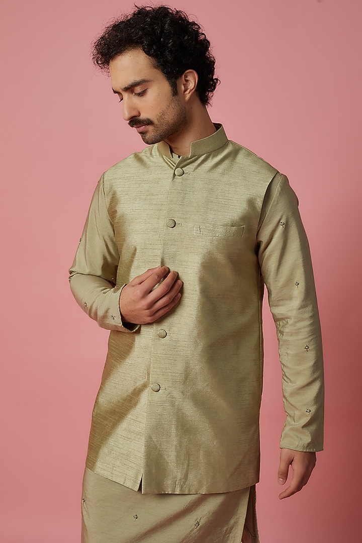Metallic Light Green Cotton Silk & Raw Silk Hand Embroidered Bundi Jacket Set by MR. SHAH LABEL at Pernia's Pop Up Shop