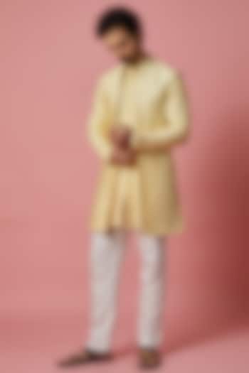 Lemon Yellow Cotton Silk & Raw Silk Hand Embroidered Bundi Jacket Set by MR. SHAH LABEL