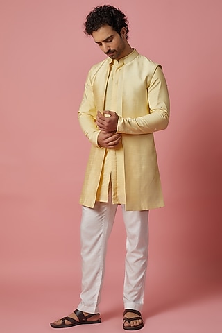 Lemon Yellow Cotton Silk & Raw Silk Hand Embroidered Bundi Jacket Set by MR. SHAH LABEL