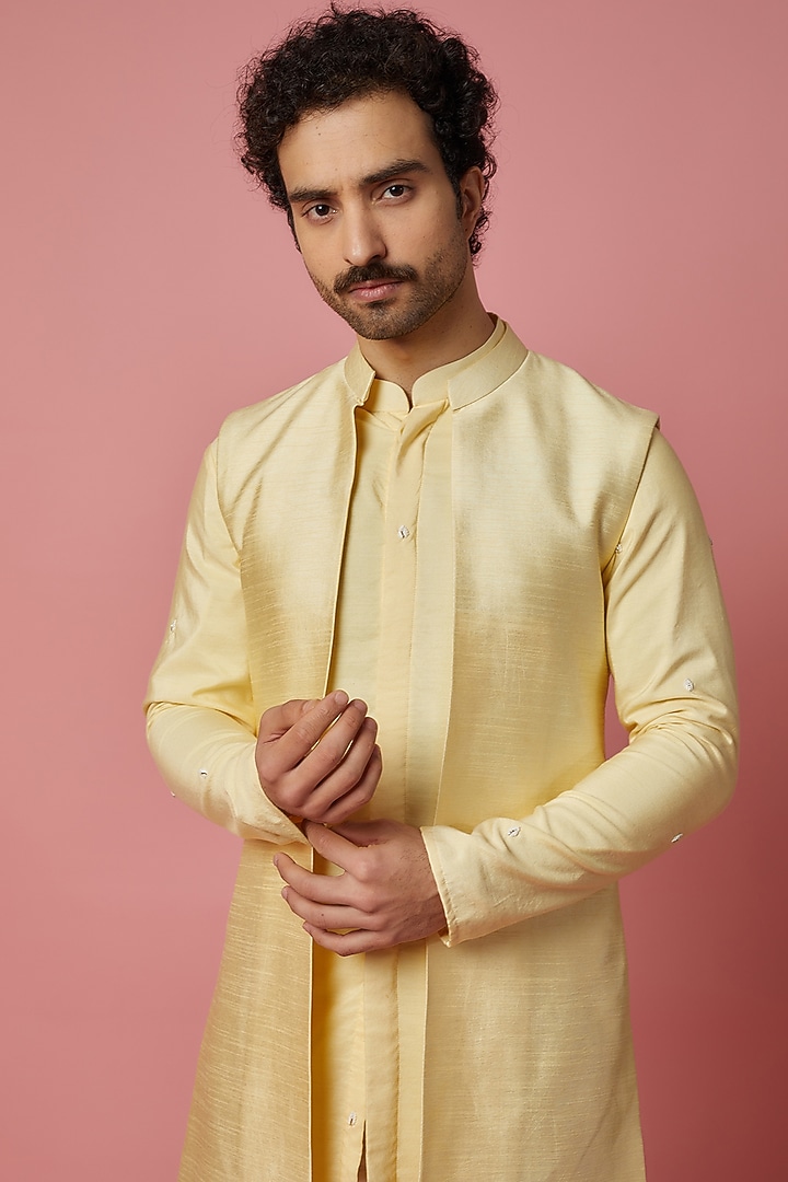 Lemon Yellow Cotton Silk & Raw Silk Hand Embroidered Bundi Jacket Set by MR. SHAH LABEL at Pernia's Pop Up Shop