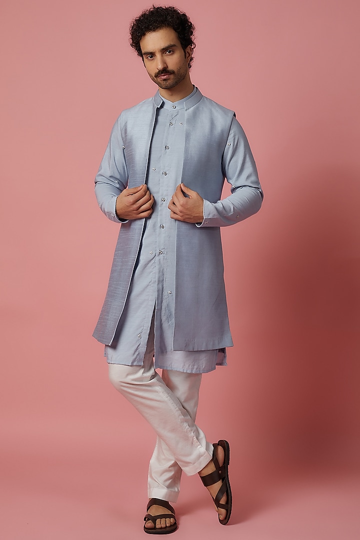 Light Blue Cotton Silk & Raw Silk Hand Embroidered Bundi Jacket Set by MR. SHAH LABEL