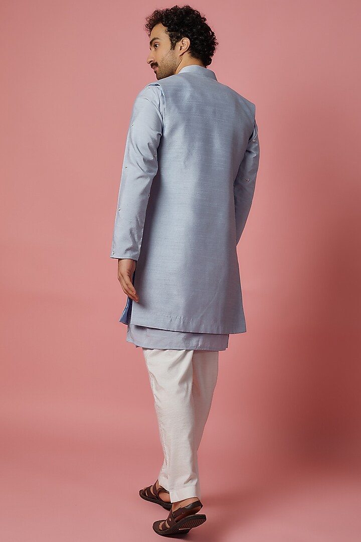 Light Blue Cotton Silk & Raw Silk Hand Embroidered Bundi Jacket Set by MR. SHAH LABEL at Pernia's Pop Up Shop