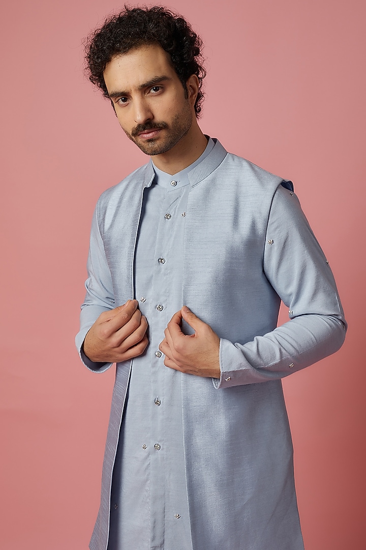 Light Blue Cotton Silk & Raw Silk Hand Embroidered Bundi Jacket Set by MR. SHAH LABEL at Pernia's Pop Up Shop