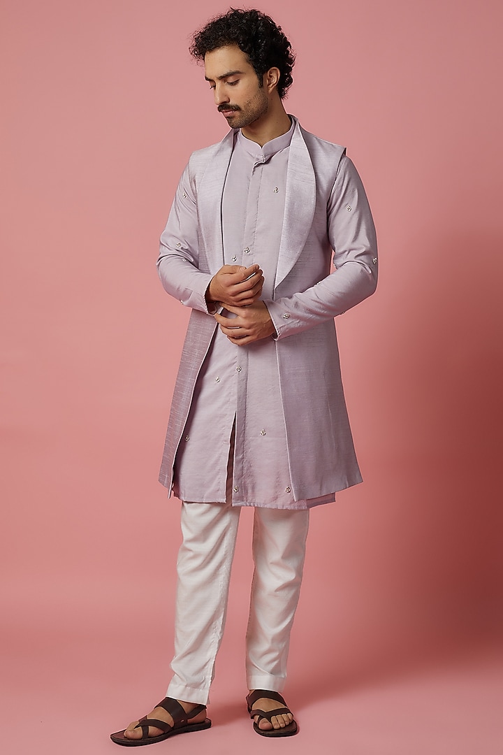 Lilac Cotton Silk & Raw Silk Hand Embroidered Bundi Jacket Set by MR. SHAH LABEL