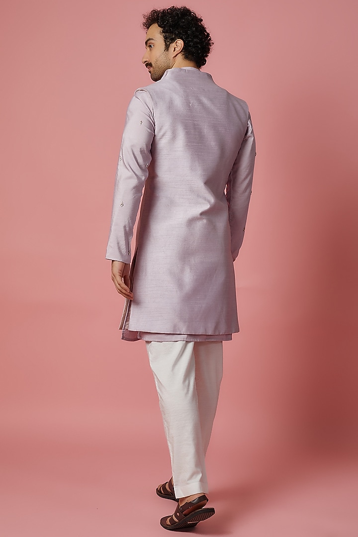 Lilac Cotton Silk & Raw Silk Hand Embroidered Bundi Jacket Set by MR. SHAH LABEL at Pernia's Pop Up Shop