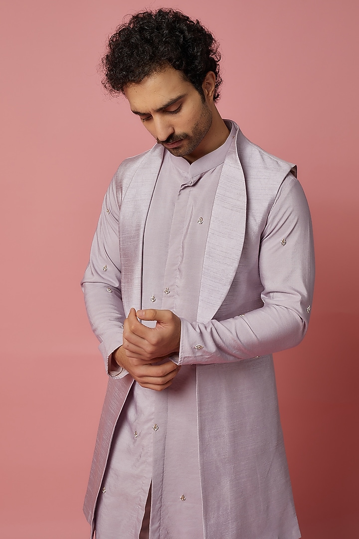 Lilac Cotton Silk & Raw Silk Hand Embroidered Bundi Jacket Set by MR. SHAH LABEL at Pernia's Pop Up Shop