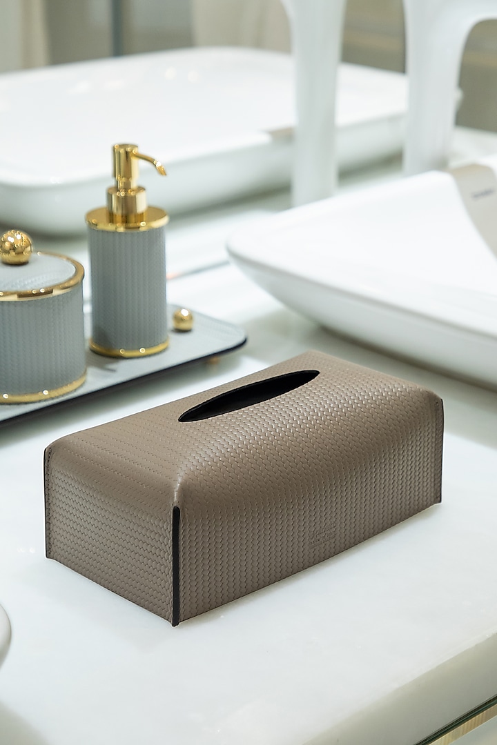 Taupe Woven Leather Rectangular Tissue Box by Maison Sia