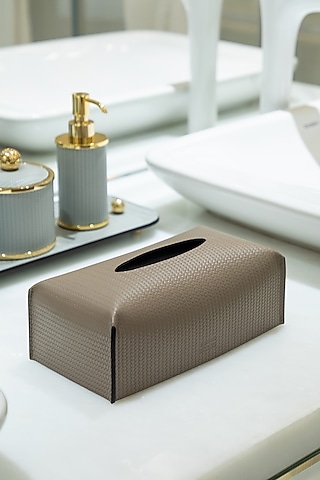 Taupe Woven Leather Rectangular Tissue Box by Maison Sia