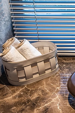 Cream Woven Leather Rectangular Organiser by Maison Sia