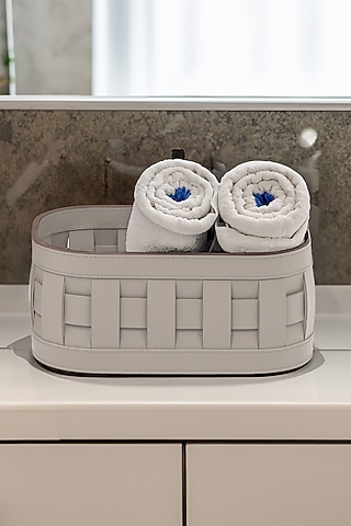 Cream Woven Leather Rectangular Organiser by Maison Sia