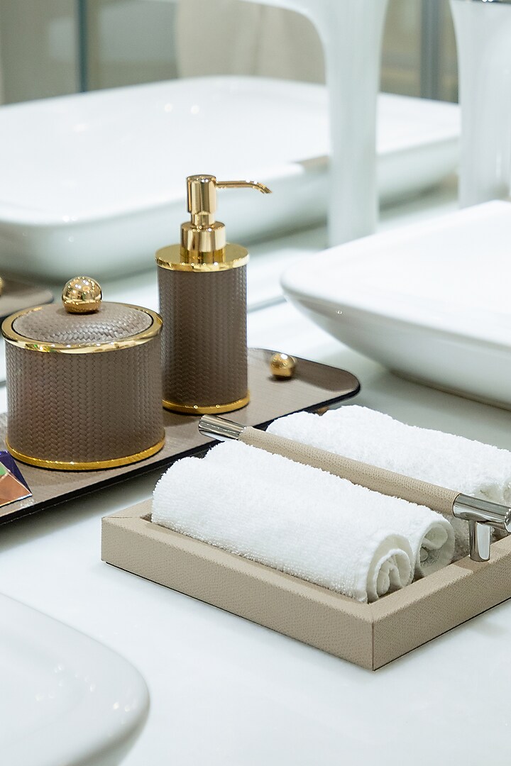 Taupe Woven Leather Bathroom Essentials by Maison Sia at Pernia's Pop Up Shop