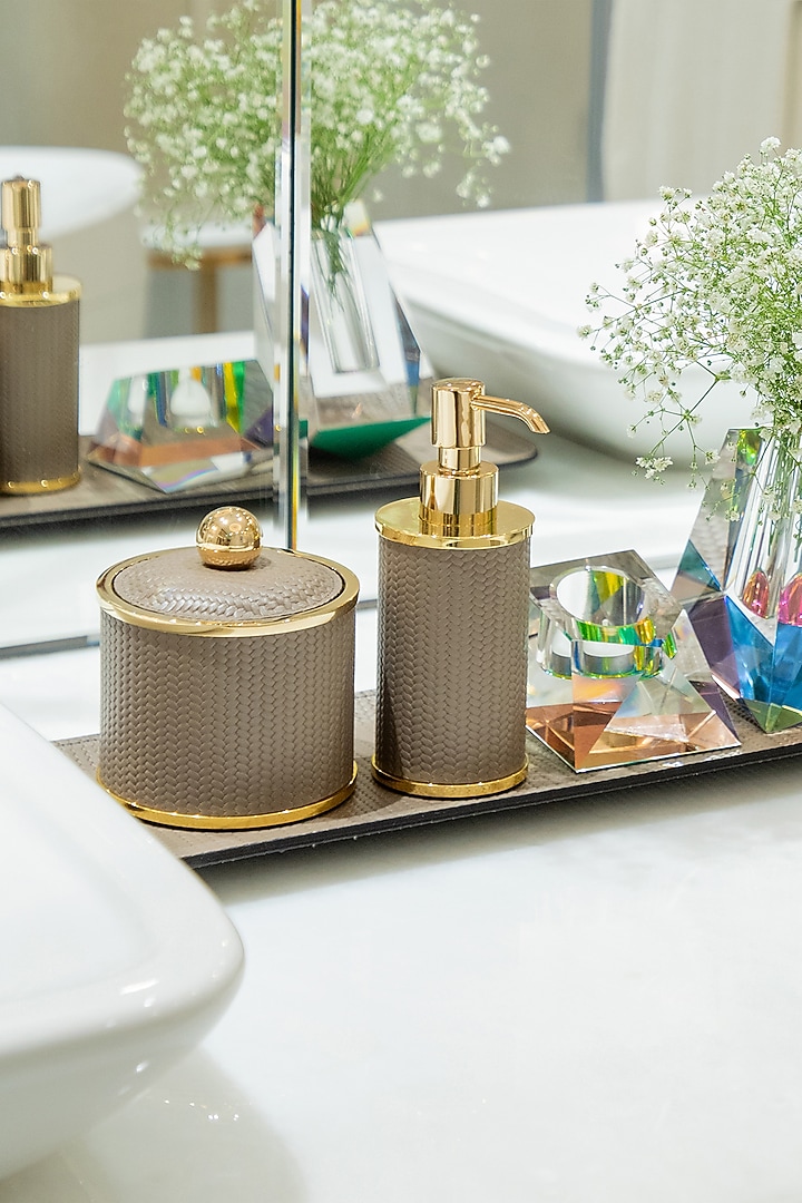 Taupe Woven Leather Rectangular Box by Maison Sia at Pernia's Pop Up Shop