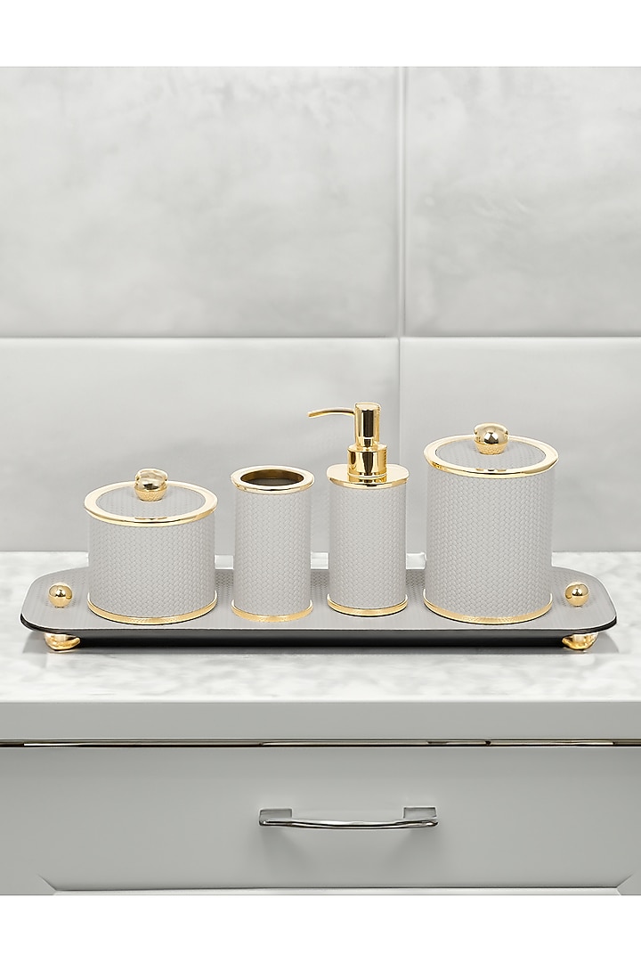 Light Grey Woven Leather Tray by Maison Sia at Pernia's Pop Up Shop