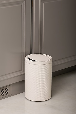 White Woven Leather Bin by Maison Sia