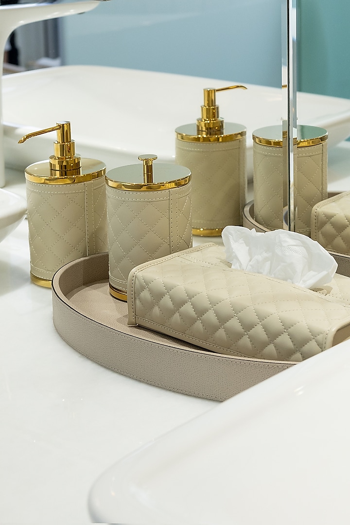 Ivory Woven Leather Tissue Box Cover by Maison Sia at Pernia's Pop Up Shop