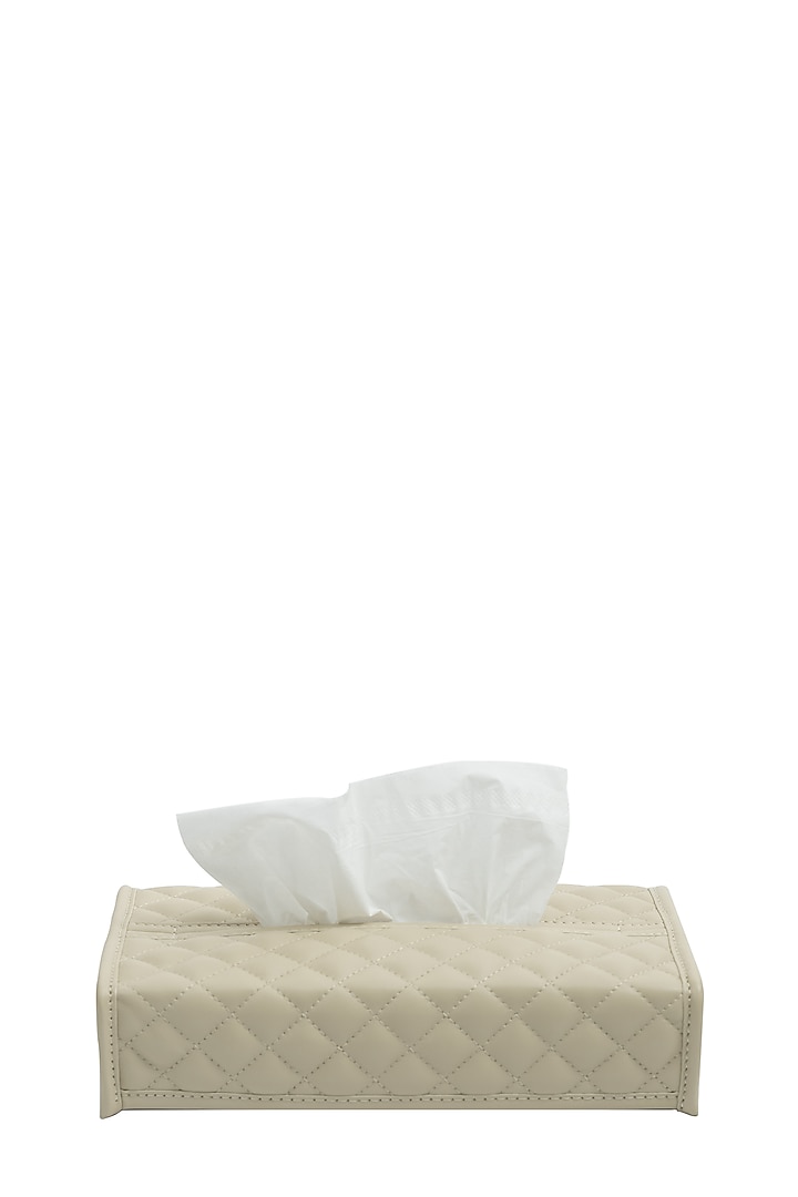 Ivory Woven Leather Tissue Box Cover by Maison Sia at Pernia's Pop Up Shop