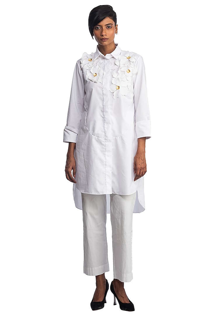 White Cotton Floral Embroidered Shirt by Studio Moda India