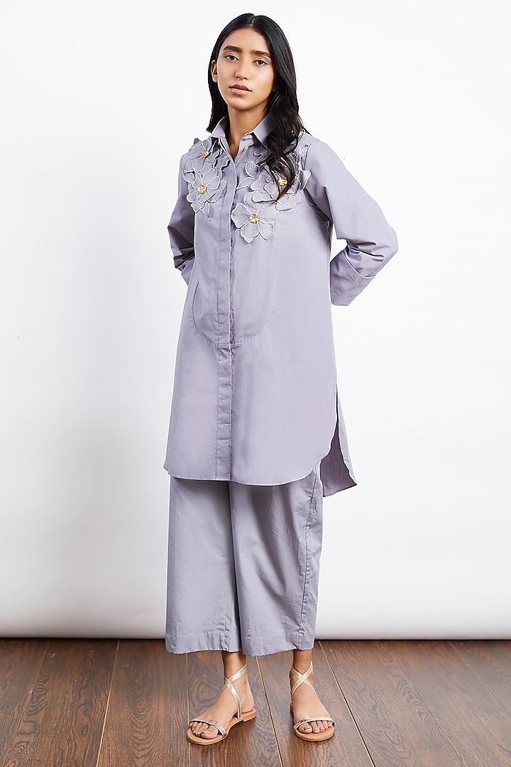 Grey Cotton Floral Embroidered Shirt by Studio Moda India
