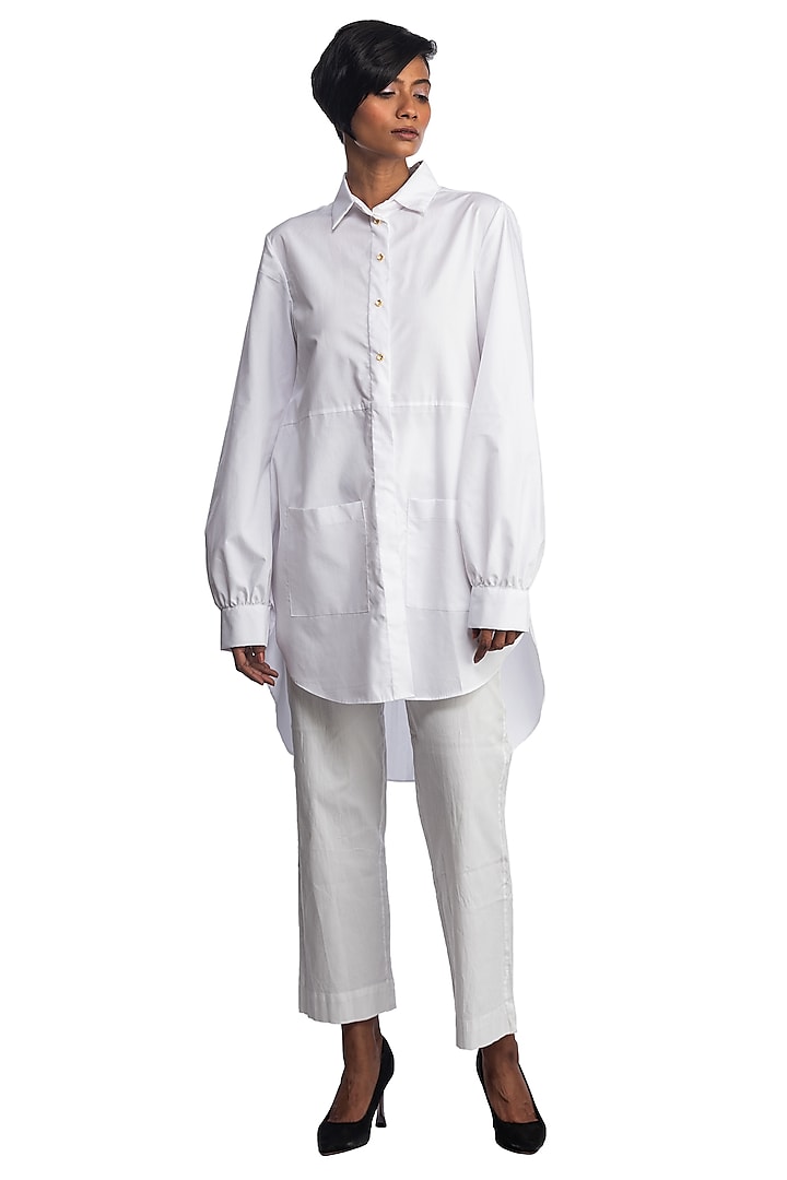White Cotton Long Yoke Shirt by Studio Moda India