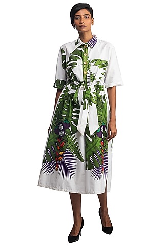 White Cotton Printed Jumpsuit by Studio Moda India