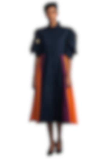 Navy Blue Cotton Paneled Midi Dress by Studio Moda India