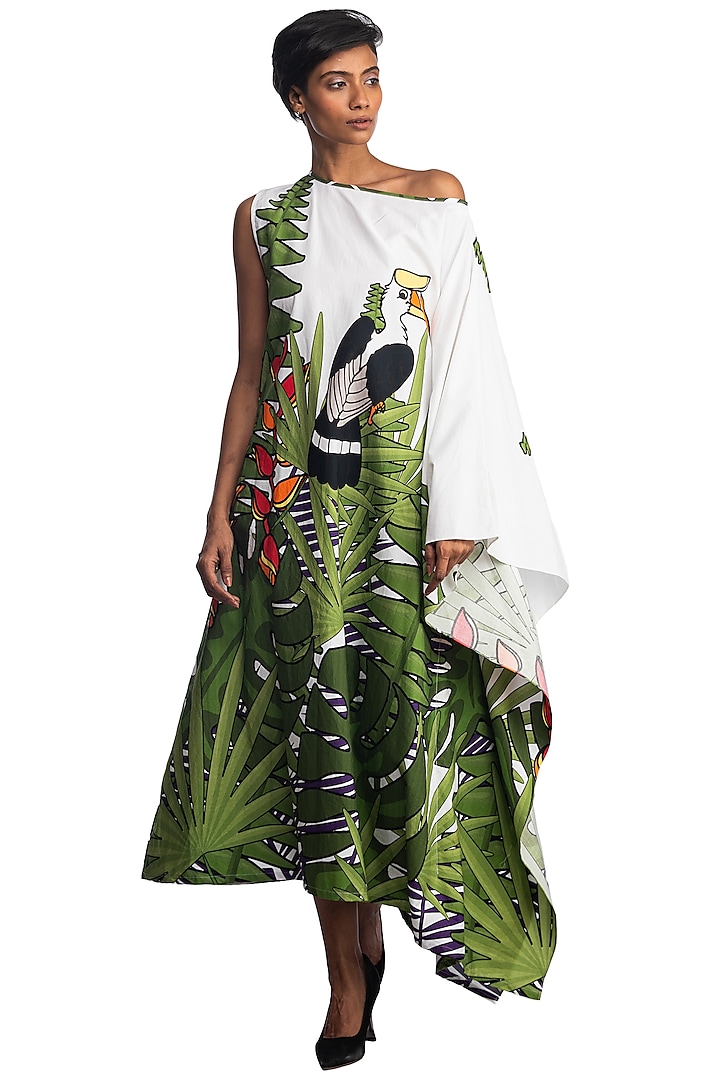 Dark Green Printed Kaftan Dress by Studio Moda India