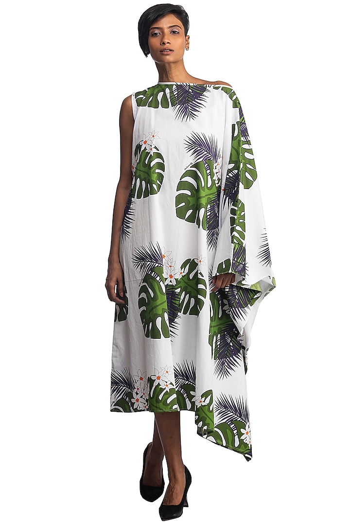 White & Green Printed Kaftan Dress by Studio Moda India
