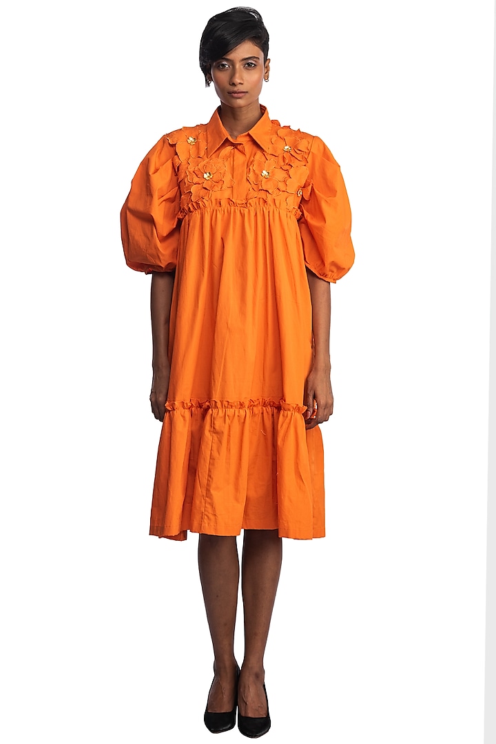 Orange Knee-Length Cotton Dress by Studio Moda India