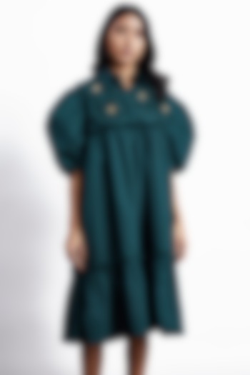 Bottle Green Knee-Length Cotton Dress by Studio Moda India