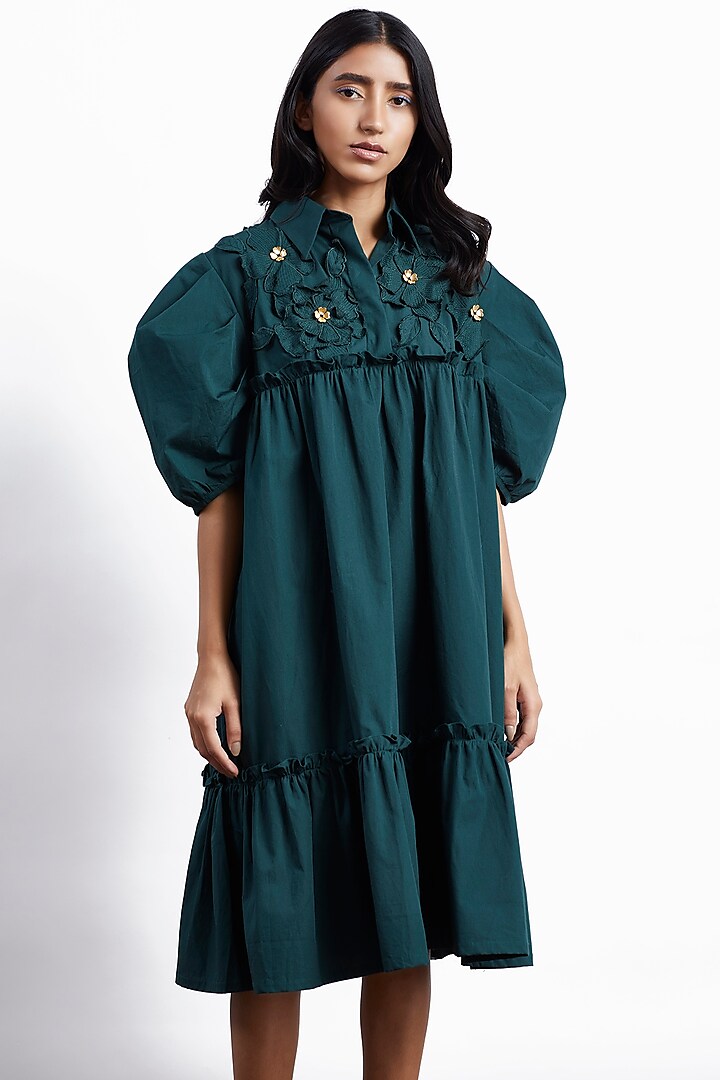 Bottle Green Knee-Length Cotton Dress by Studio Moda India