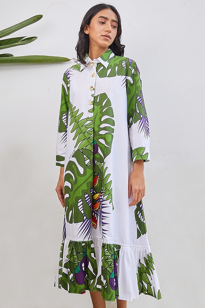 White A-Line Mangosteen Printed Dress by Studio Moda India