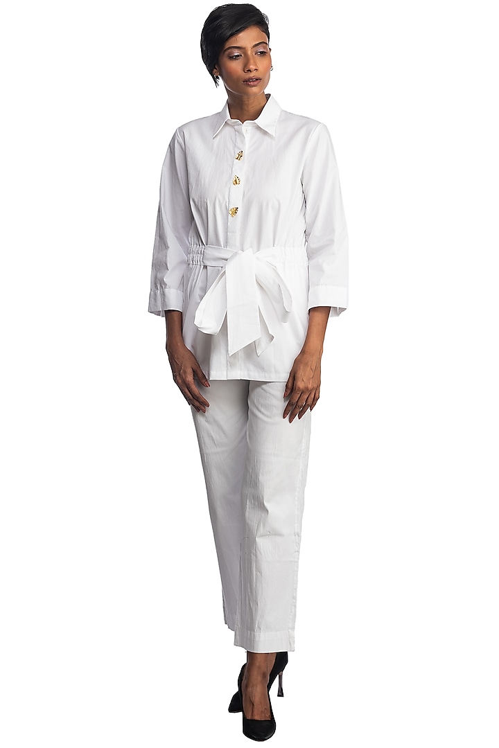 White Cotton Shirt With Belt by Studio Moda India