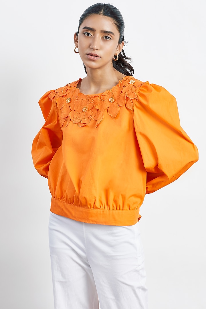 Orange Tie-Up Cotton Top by Studio Moda India