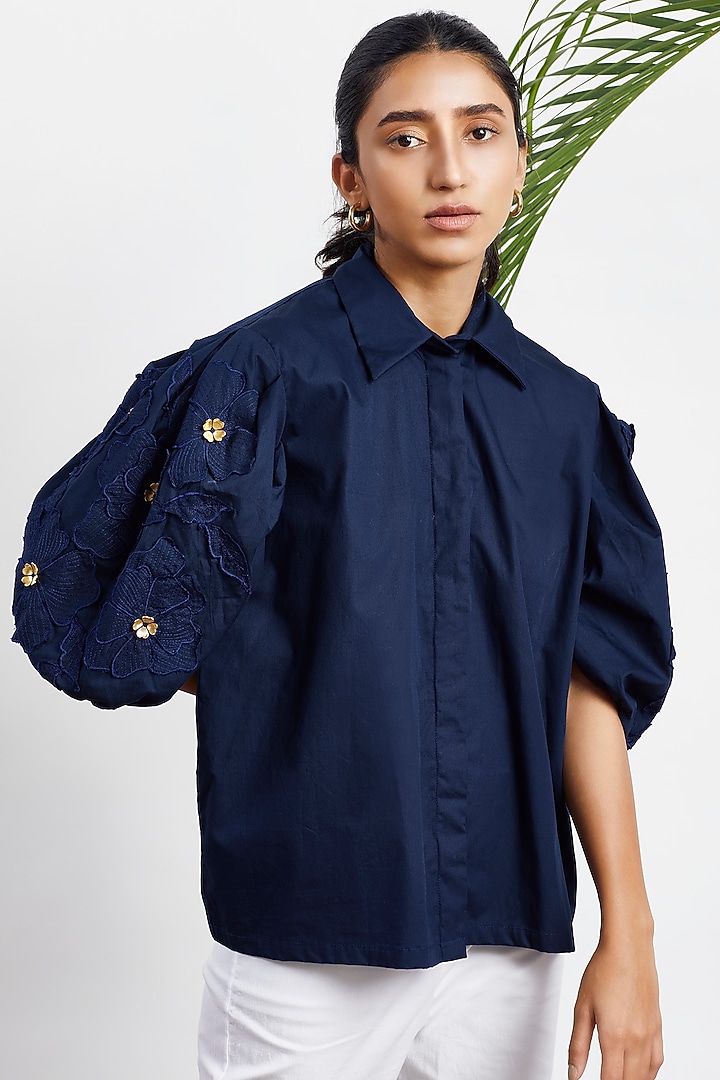 Navy Blue Embroidered Shirt by Studio Moda India at Pernia's Pop Up Shop