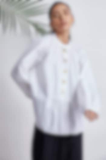 White Cotton Shirt With Raglan Sleeves by Studio Moda India
