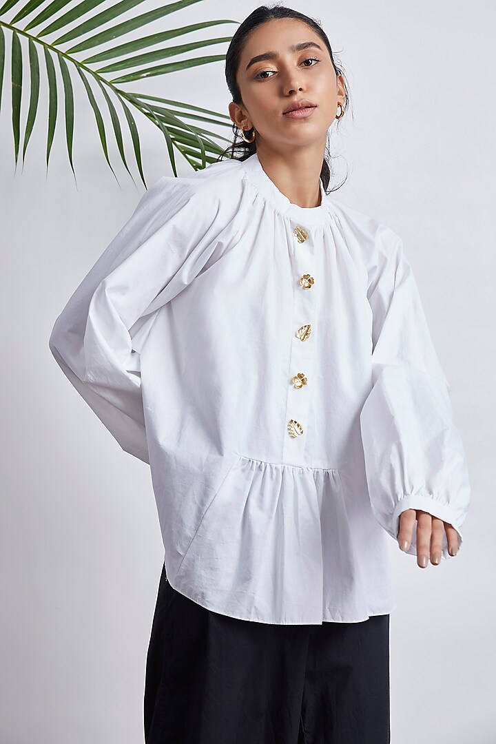 White Cotton Shirt With Raglan Sleeves by Studio Moda India