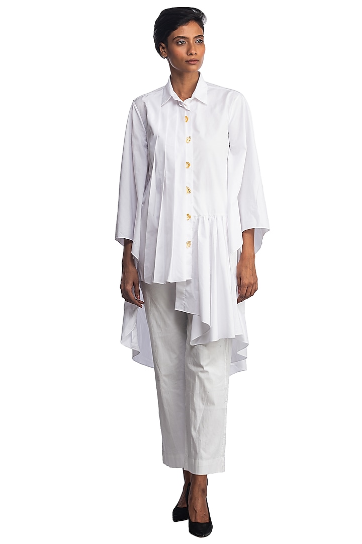 White Asymmetrical Shirt by Studio Moda India