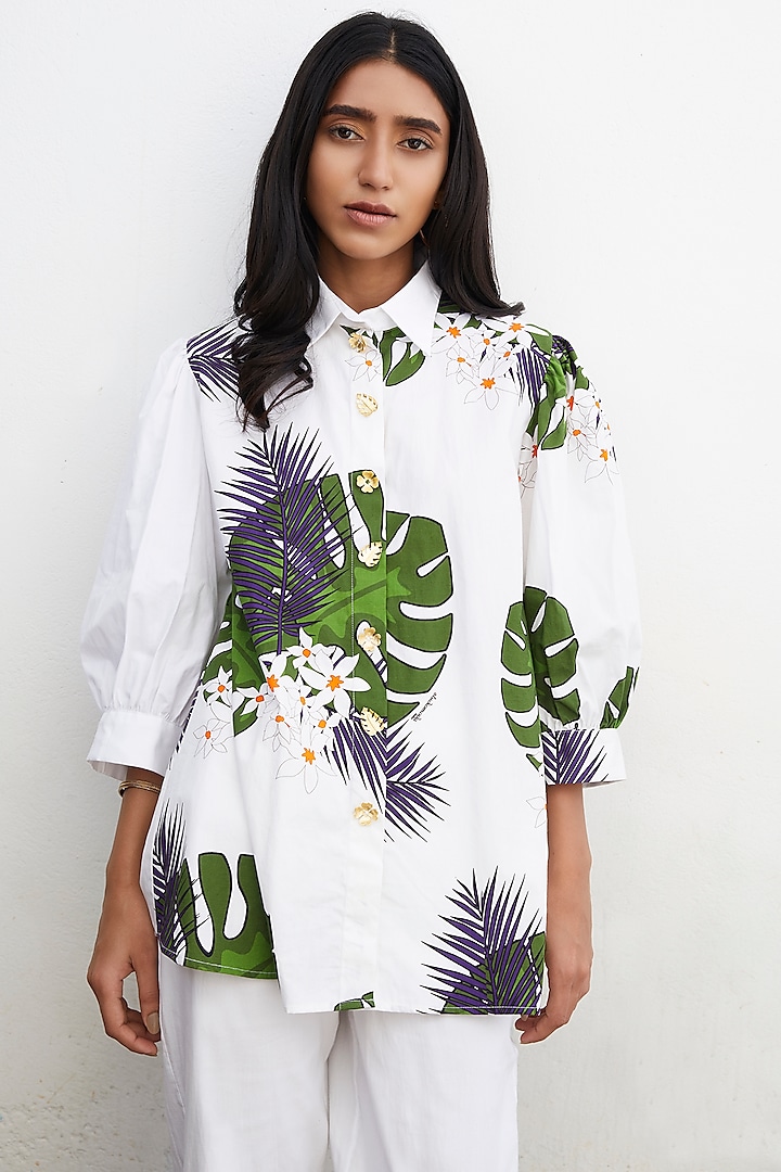 White A-Lined Printed Shirt by Studio Moda India