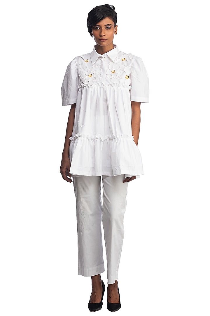 White Cotton Frilled Shirt by Studio Moda India