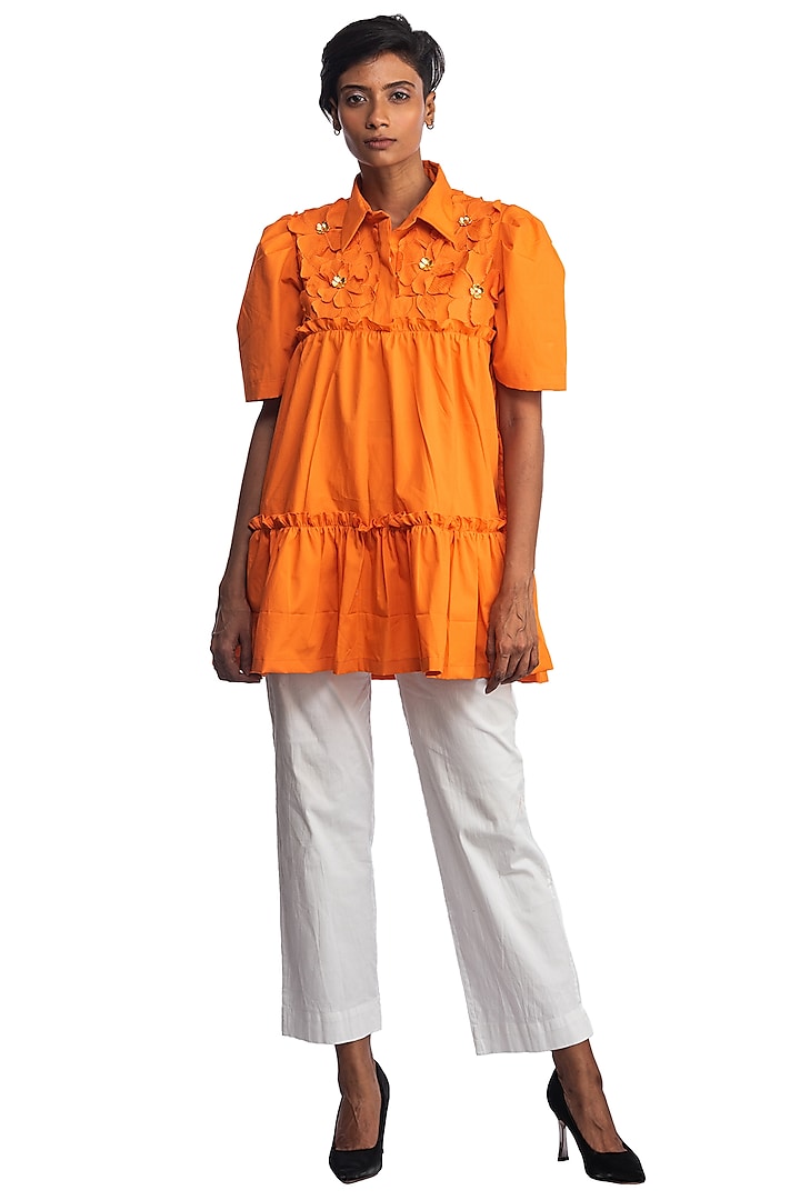 Orange Cotton Frilled Shirt by Studio Moda India
