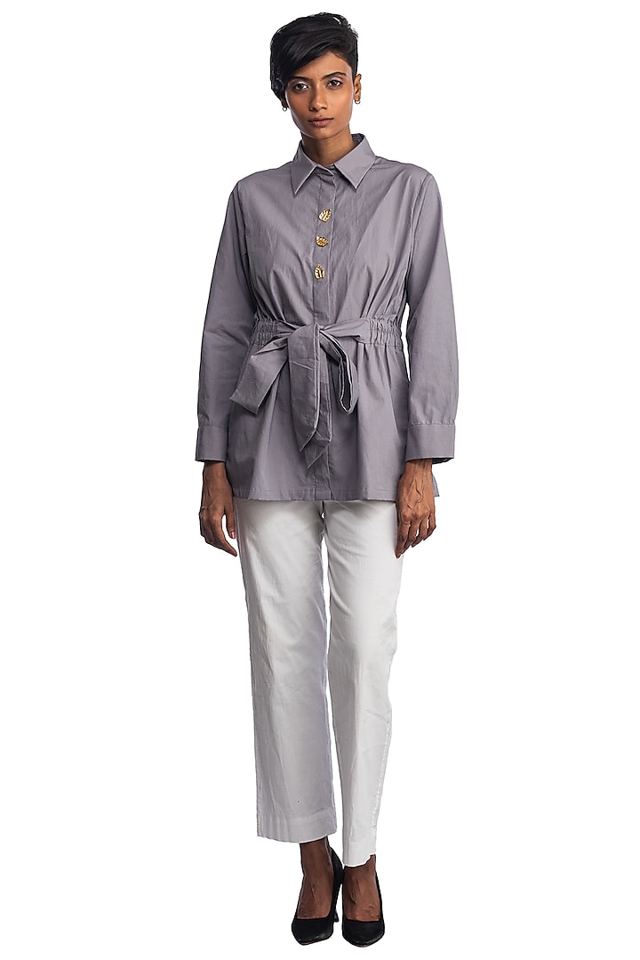 Grey Cotton Embroidered Shirt by Studio Moda India